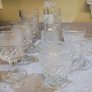 Vtg Anchor Hocking Wexford Glass Bundle Goblets Dessert Cupa Cruet Creamer
